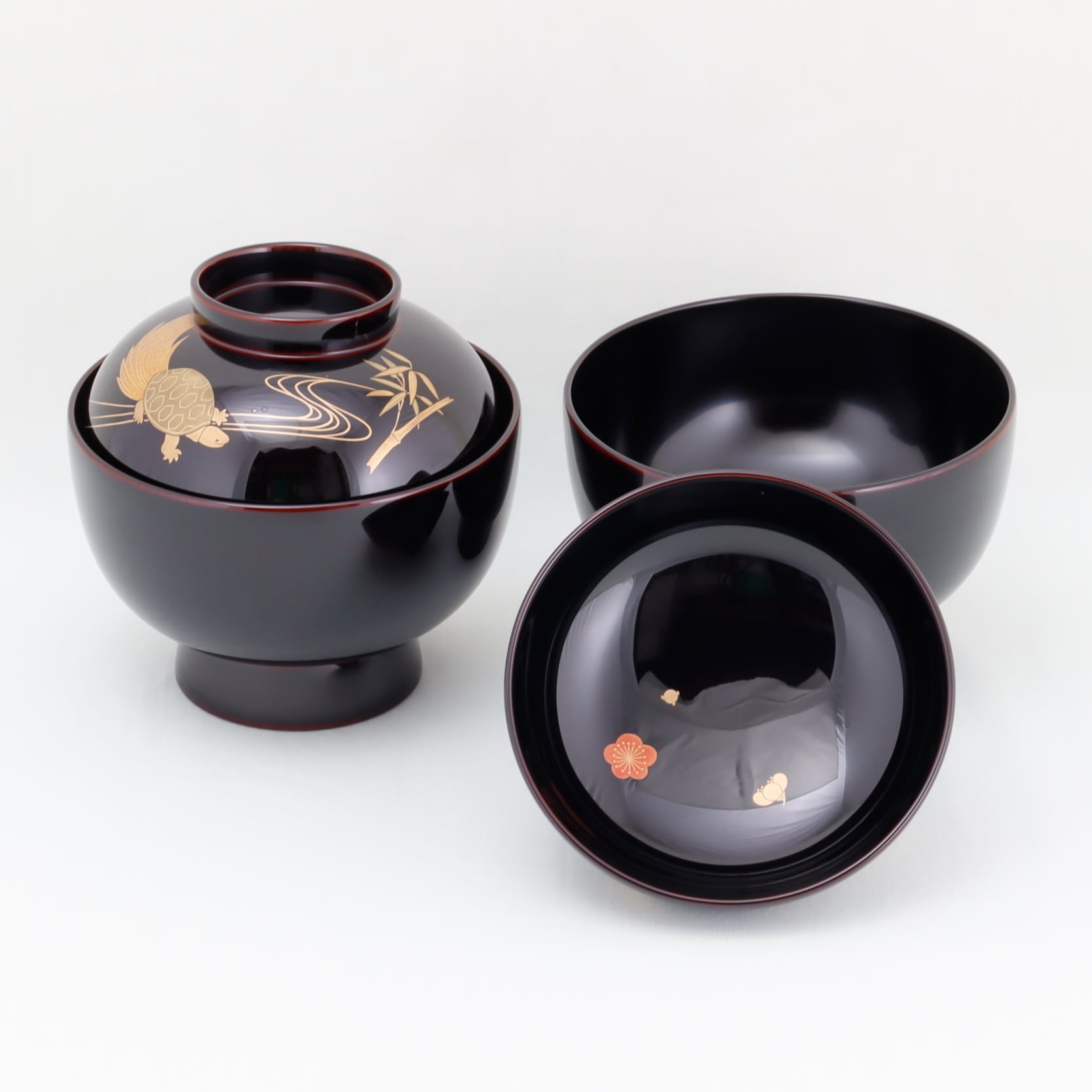 410 輪島塗 夫婦雑煮椀／溜塗／鶴亀松竹梅蒔絵 | 輪島塗 加藤漆器店