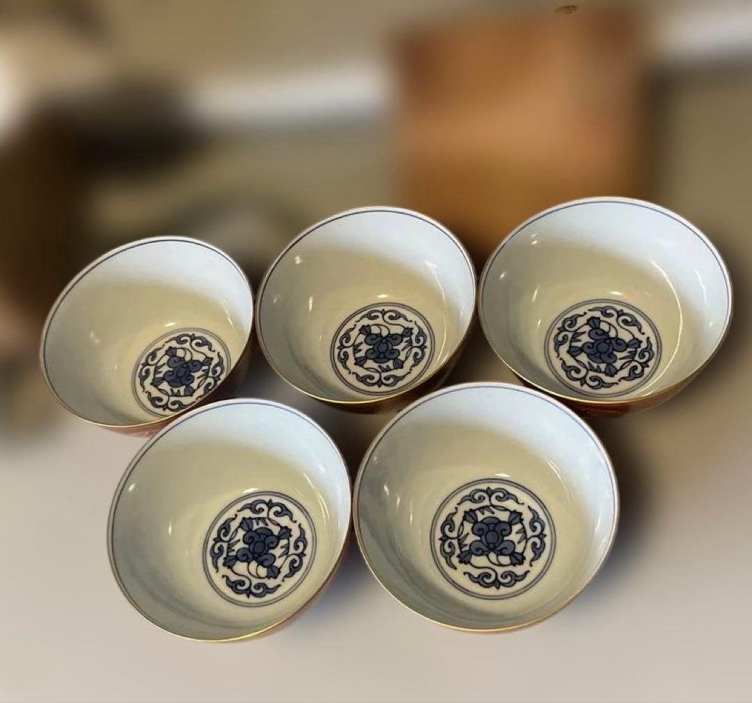 京焼　骨董　京都　澤村陶哉　向付　五客　共箱あり　懐石　音羽山窯 ー清水 京焼ー 【極美品】 音羽山麓 澤村陶哉造 金彩橘 組湯呑揃 木箱